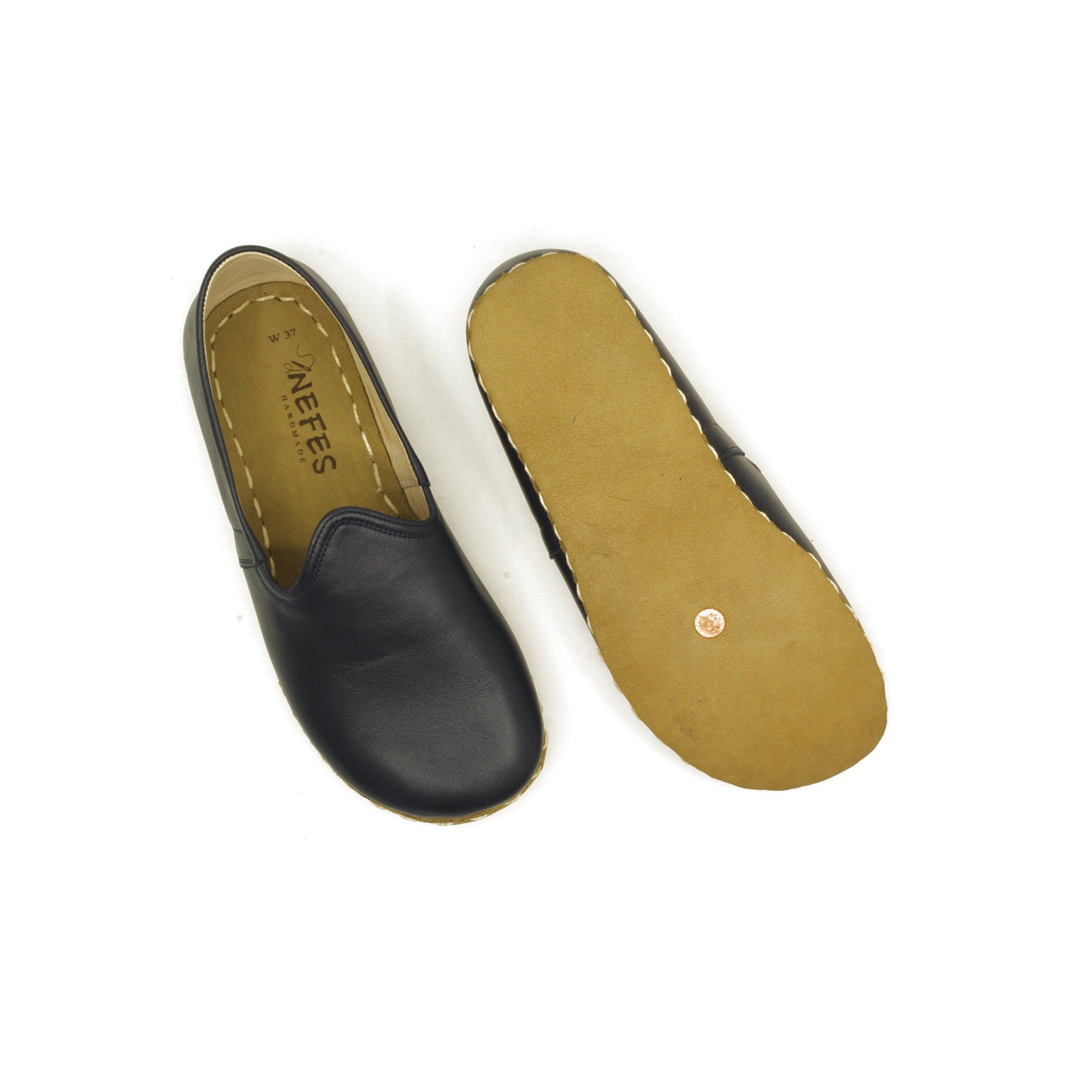 Navy Blue Leather Barefoot Shoes for Women: Handmade Zero Drop Elegance