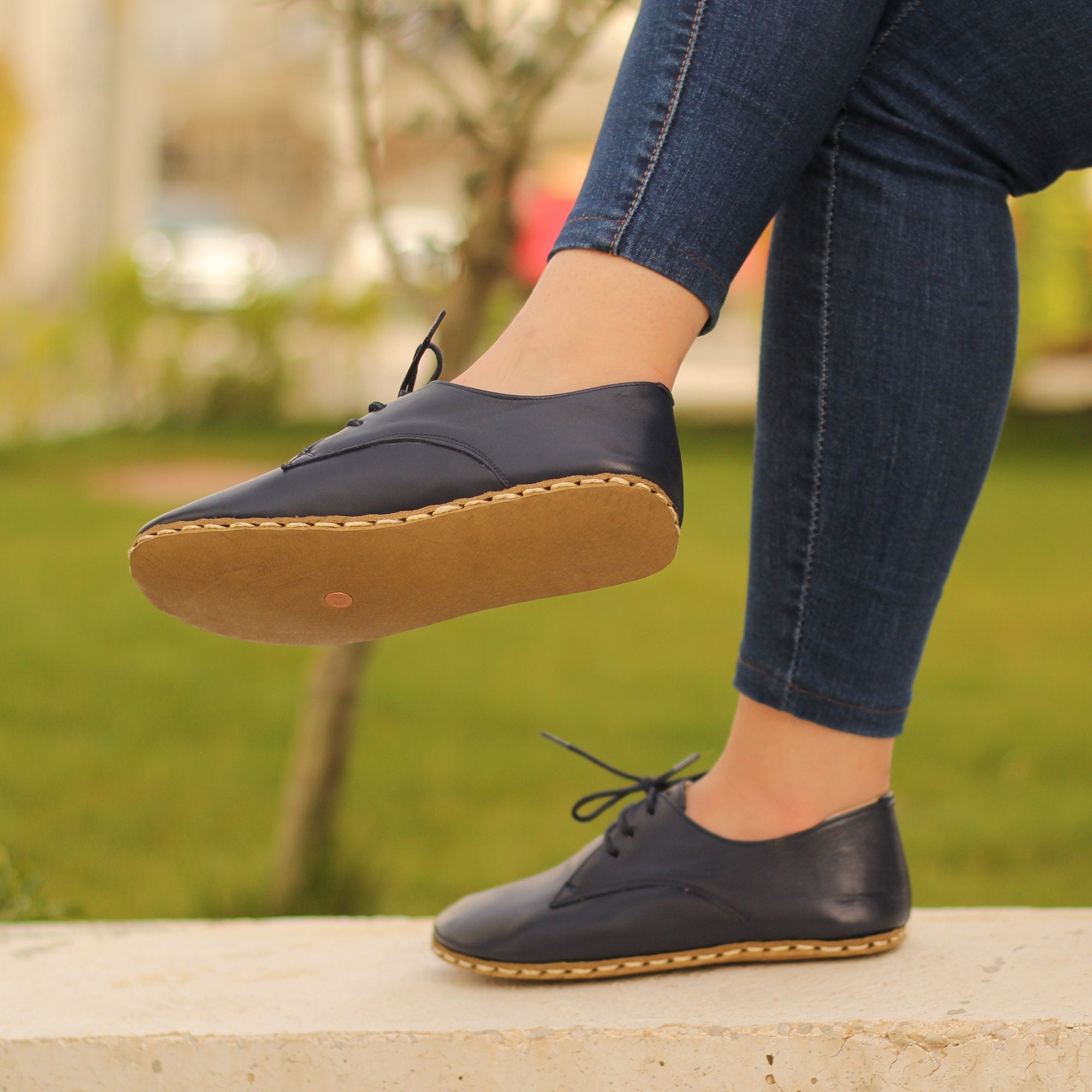 Handmade Navy Blue Barefoot Leather Shoes for Women