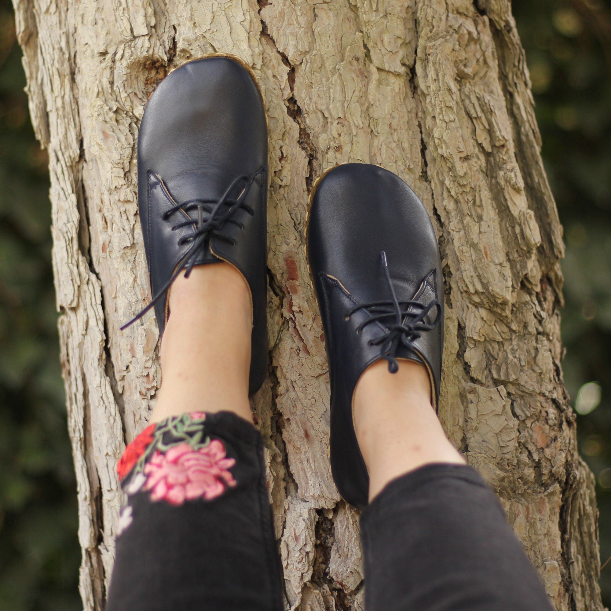 Handmade Navy Blue Barefoot Leather Shoes for Women