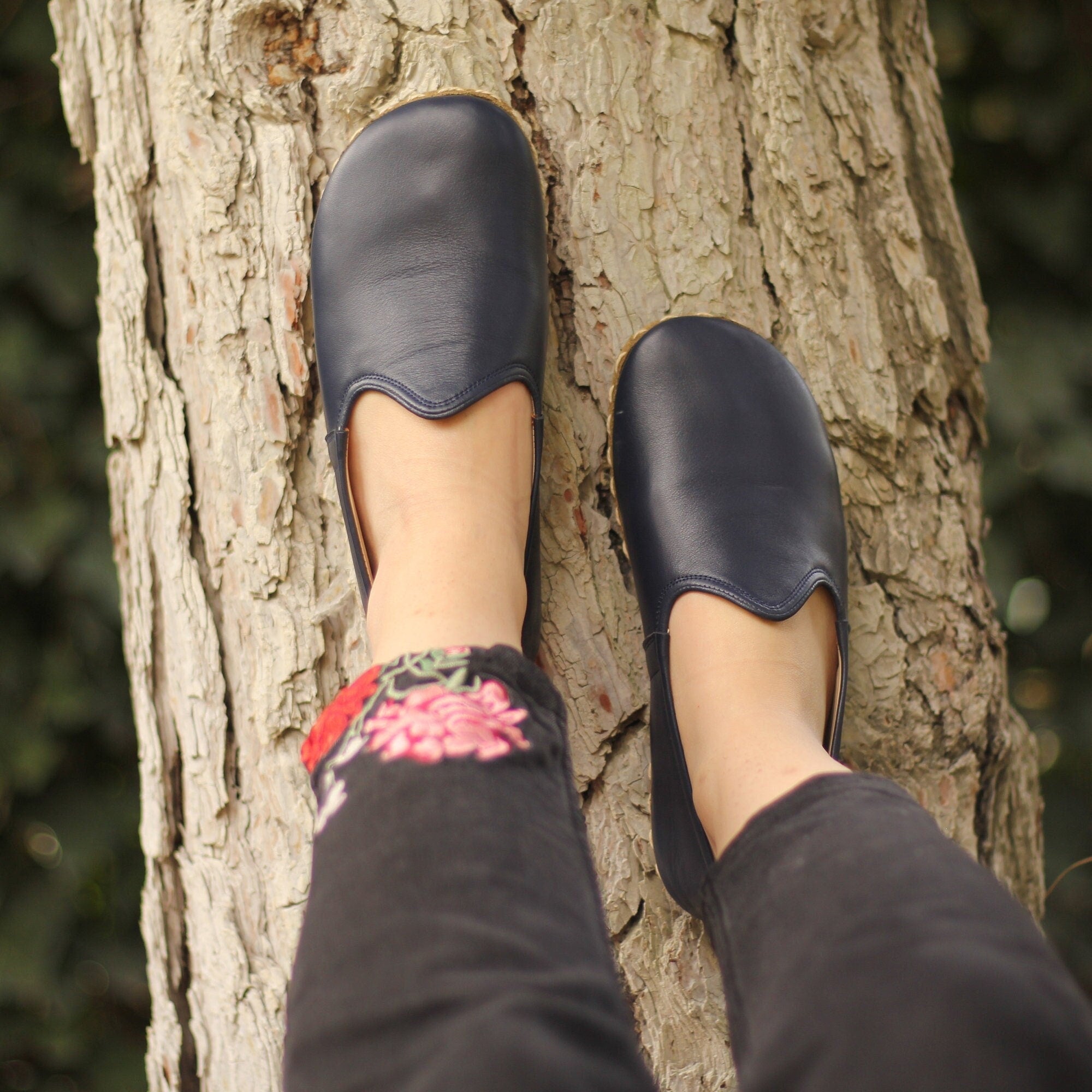 Navy Blue Leather Barefoot Shoes for Women: Handmade Zero Drop Elegance