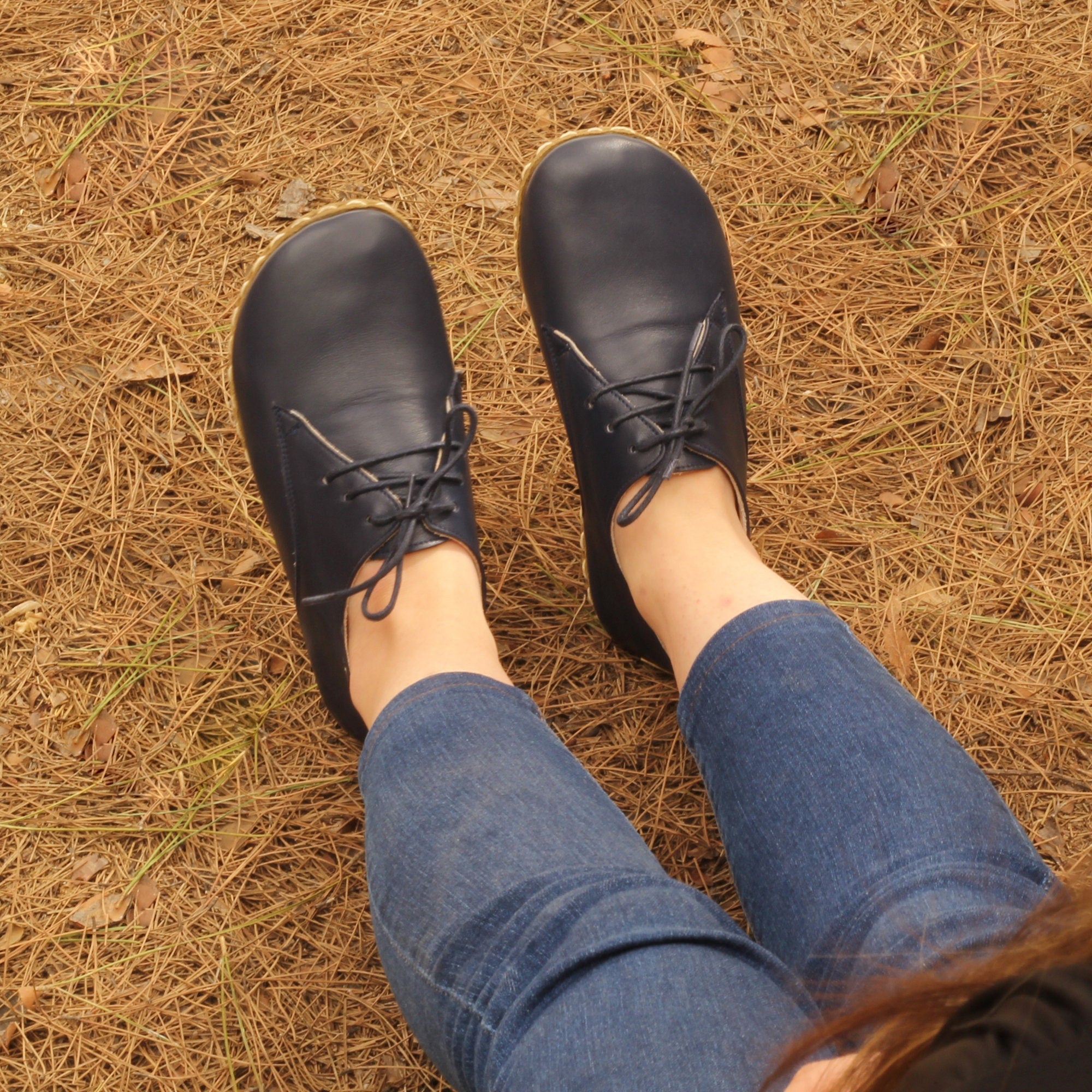 Handmade Navy Blue Barefoot Leather Shoes for Women