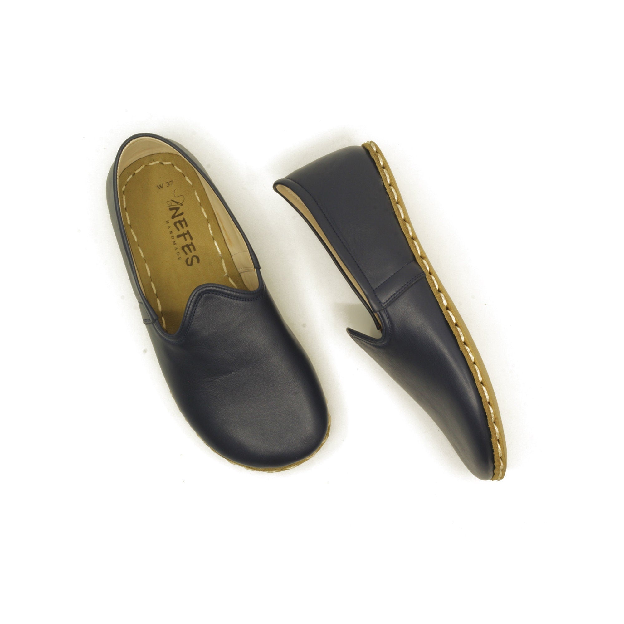 Navy Blue Leather Barefoot Shoes for Women: Handmade Zero Drop Elegance