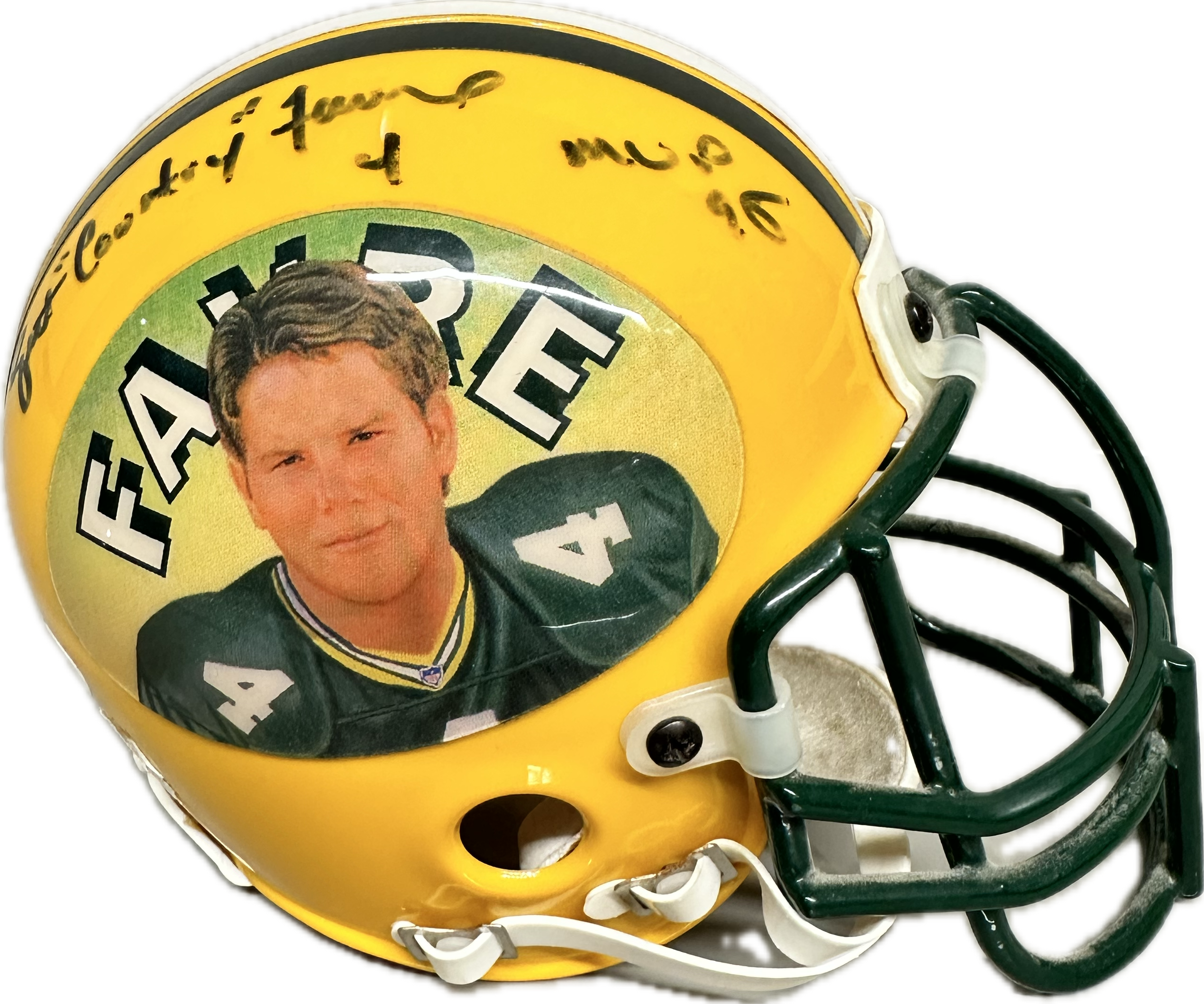 Brett Favre Custom Signed Green Bay Yellow Mini Football Helmet (JSA) Faded Autograph