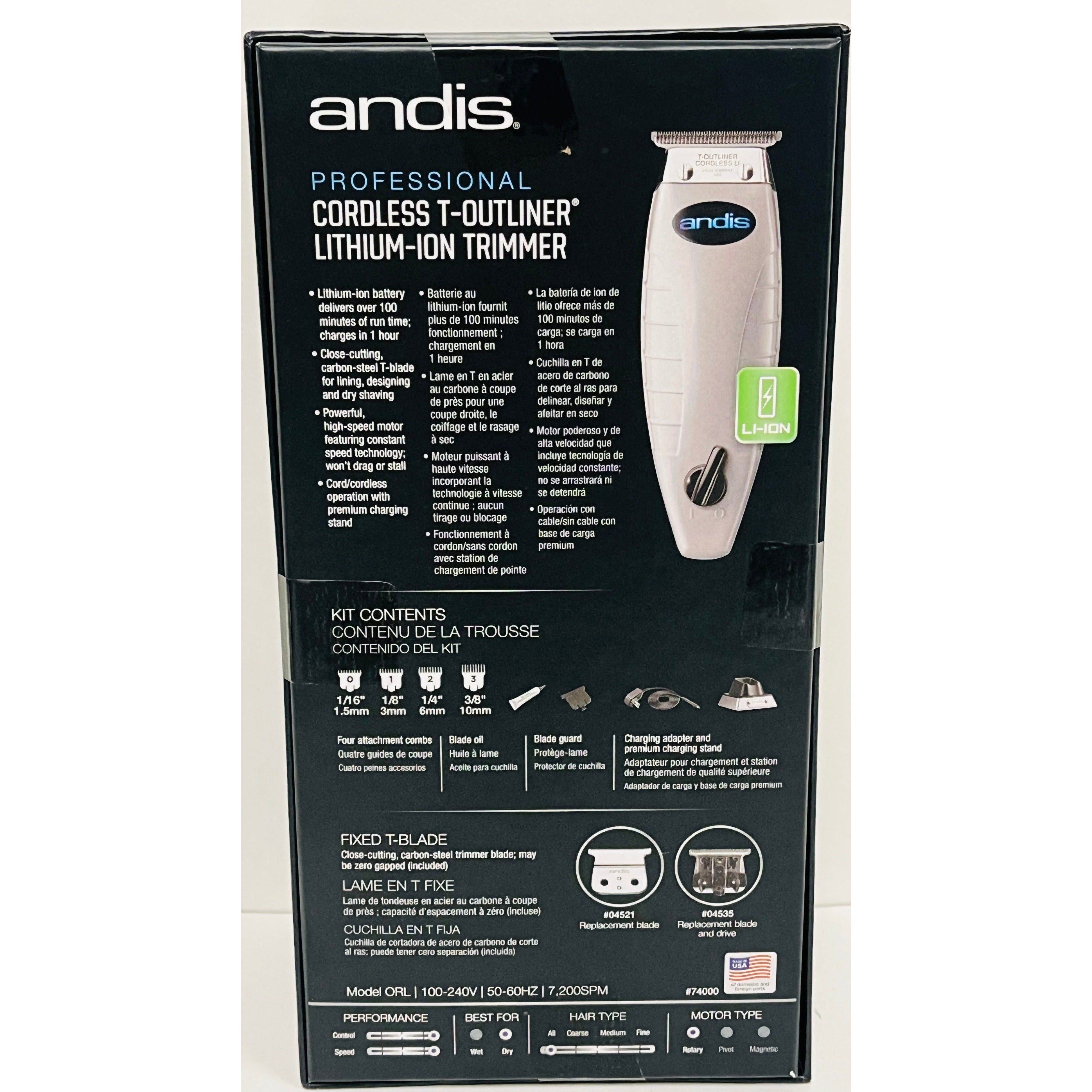 Andis 74000 Professional Cordless T-Outliner Li-Ion Trimmer Dual Voltage NEW