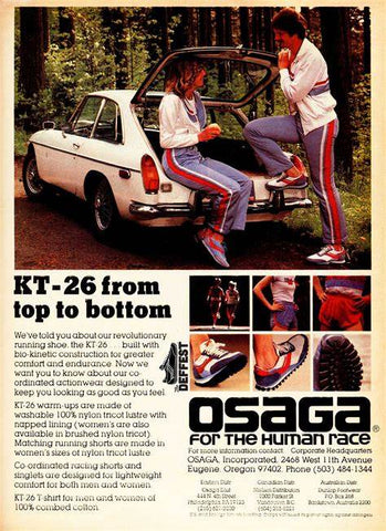 Runner’s World magazine Rate The Osaga KT-26 as the 2nd running shoe in the world at 1979, although the Osaga KT-26 shoes could then be found in some Athletes Foot stores, there was no base of well known runners sponsored by OSAGA to really maximize the potential for expansion. 