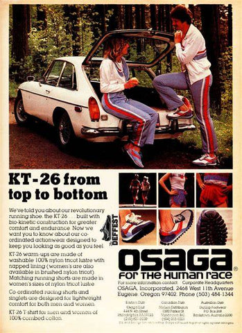 Runner’s World magazine Rate The Osaga KT-26 as the 2nd running shoe in the world at 1979, although the Osaga KT-26 shoes could then be found in some Athletes Foot stores, there was no base of well known runners sponsored by OSAGA to really maximize the potential for expansion.