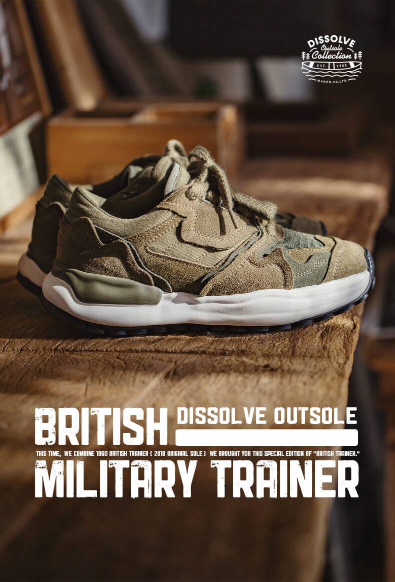 Behalten Sie die klassische und britische Military Trainer-Form und Details der Oberseite bei, kombiniert mit dem großzügigen Boden, verschiedene Stile sind miteinander integriert, Laufschuhe geben dem minimalistischen und seriösen Military-Trainingsschuh ein Gefühl von Spaß