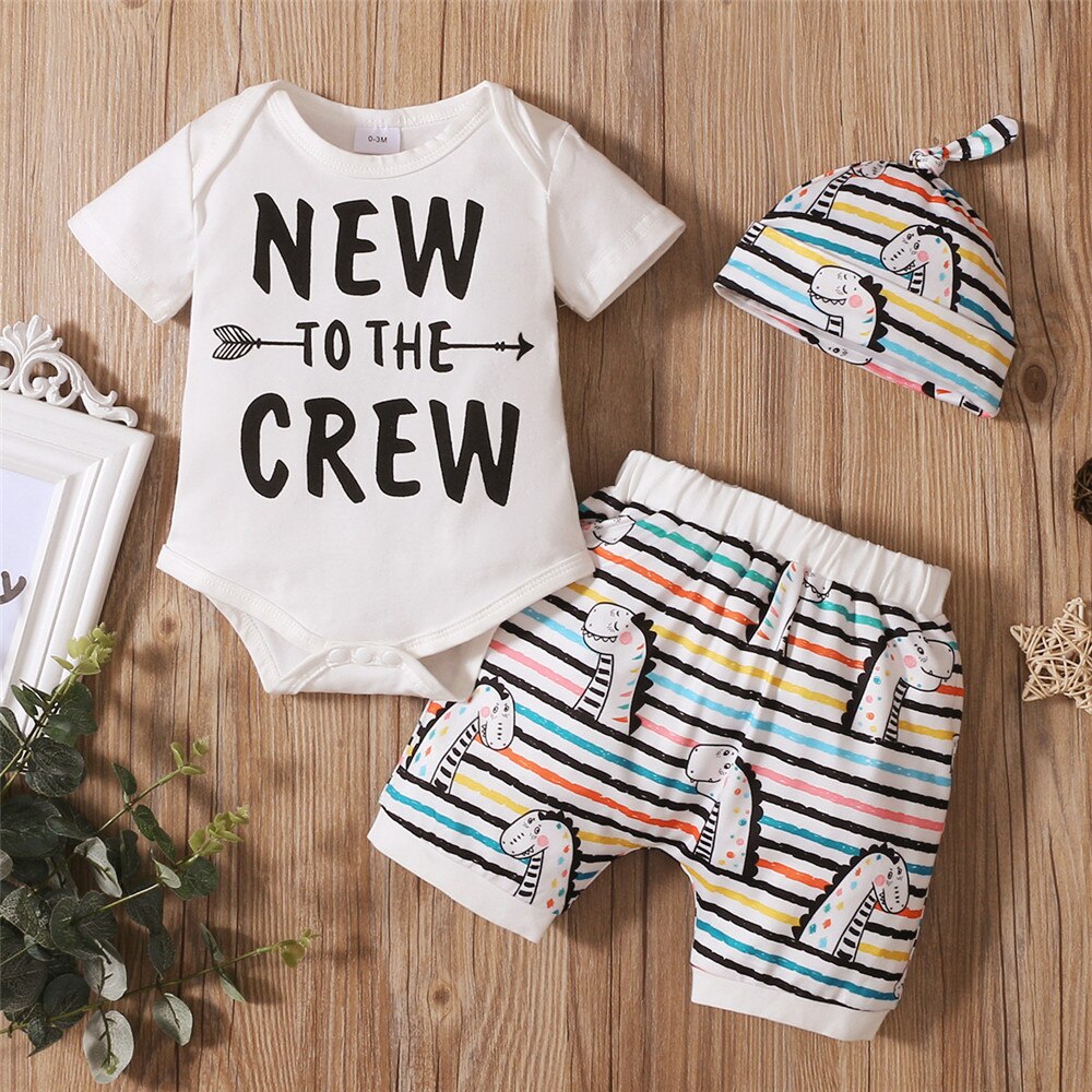 Summer Baby Boy Clothing Set with Letter Print Top and Rainbow Stripes Shorts