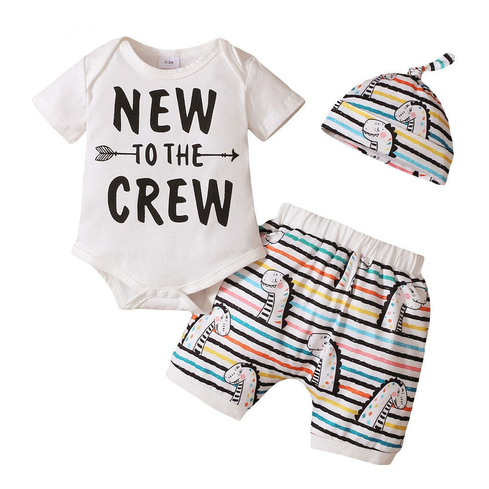 Summer Baby Boy Clothing Set with Letter Print Top and Rainbow Stripes Shorts