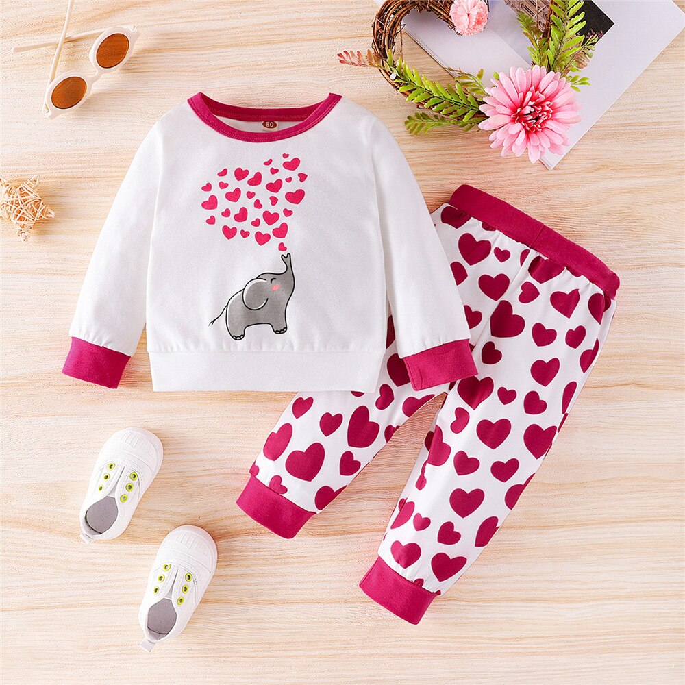 Adorable 2-Piece Love Heart Elephant Printed Toddler Girls Clothing Set