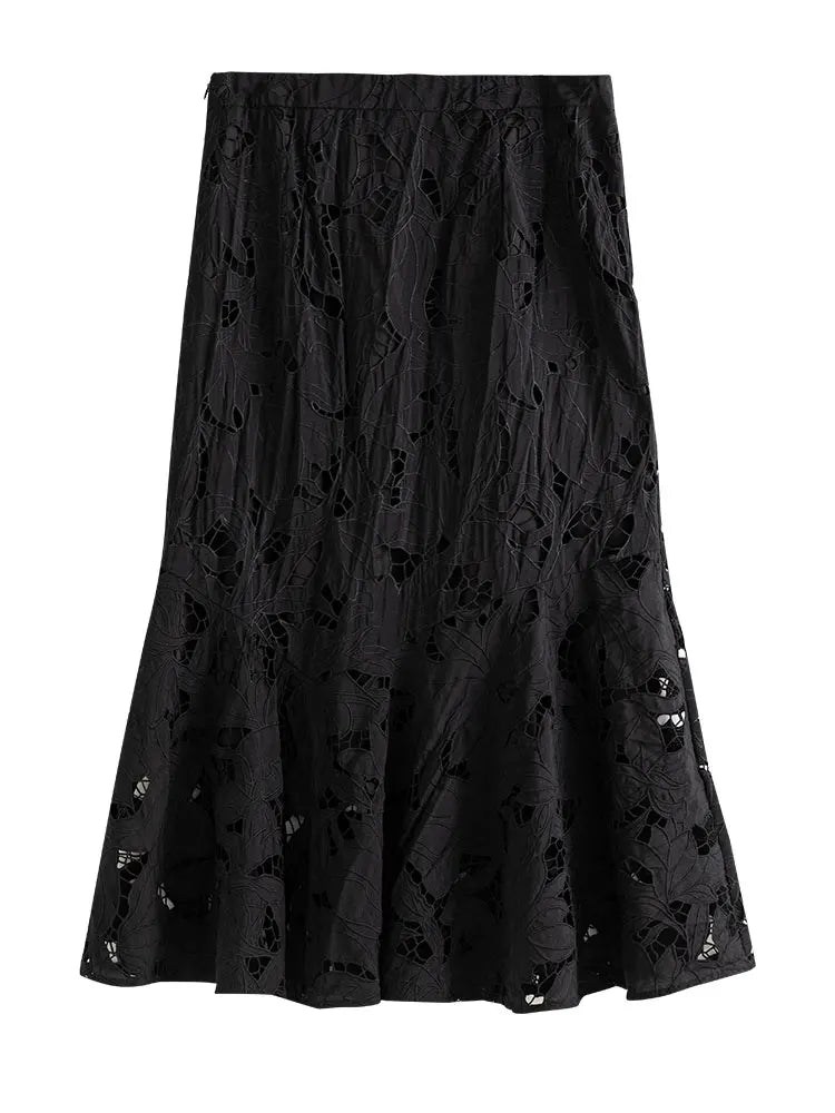 DUSHU Women Hollow Embroidered Elegant Fishtail Skirts 2022 Autumn New High Waist Temperament Black Skirt Office Lady Dress