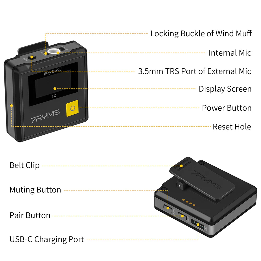 7RYMS iRAY DW20 PRO 2.4G Global Free frequency Dual Wireless Lapel Microphone -11