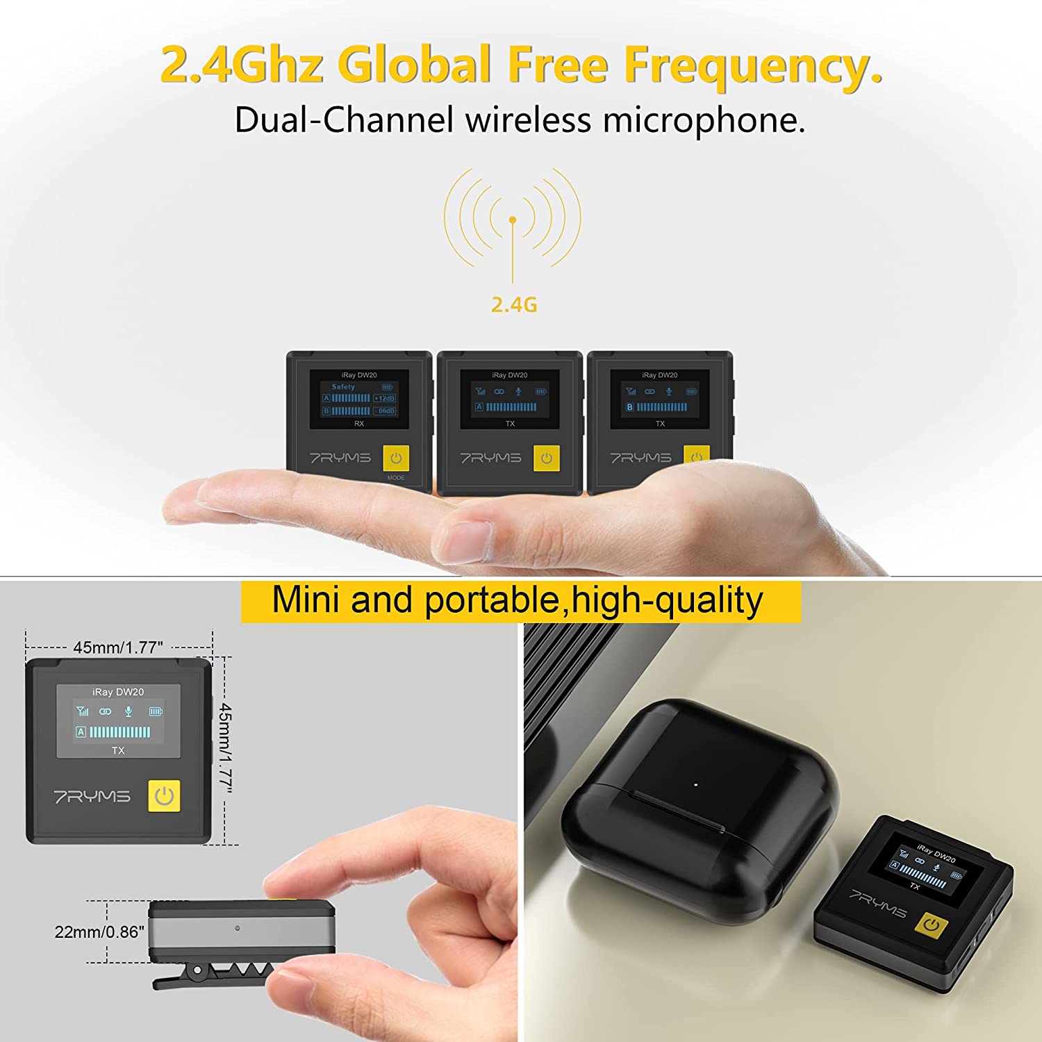 7RYMS iRAY DW20 PRO 2.4G  Global Free frequency Dual Wireless Lapel Microphone -2