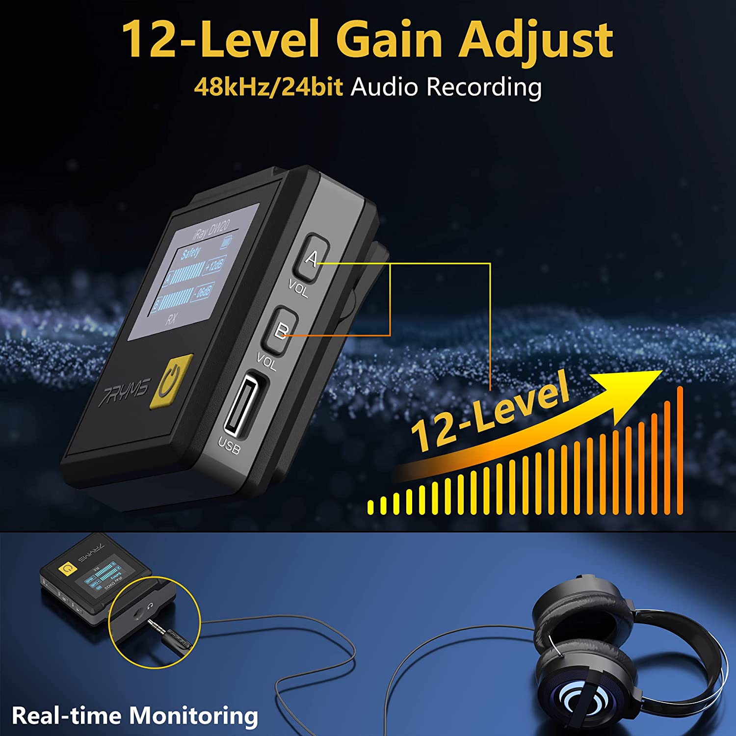 7RYMS iRAY DW20 PRO 2.4G Global Free frequency Dual Wireless Lapel Microphone -6