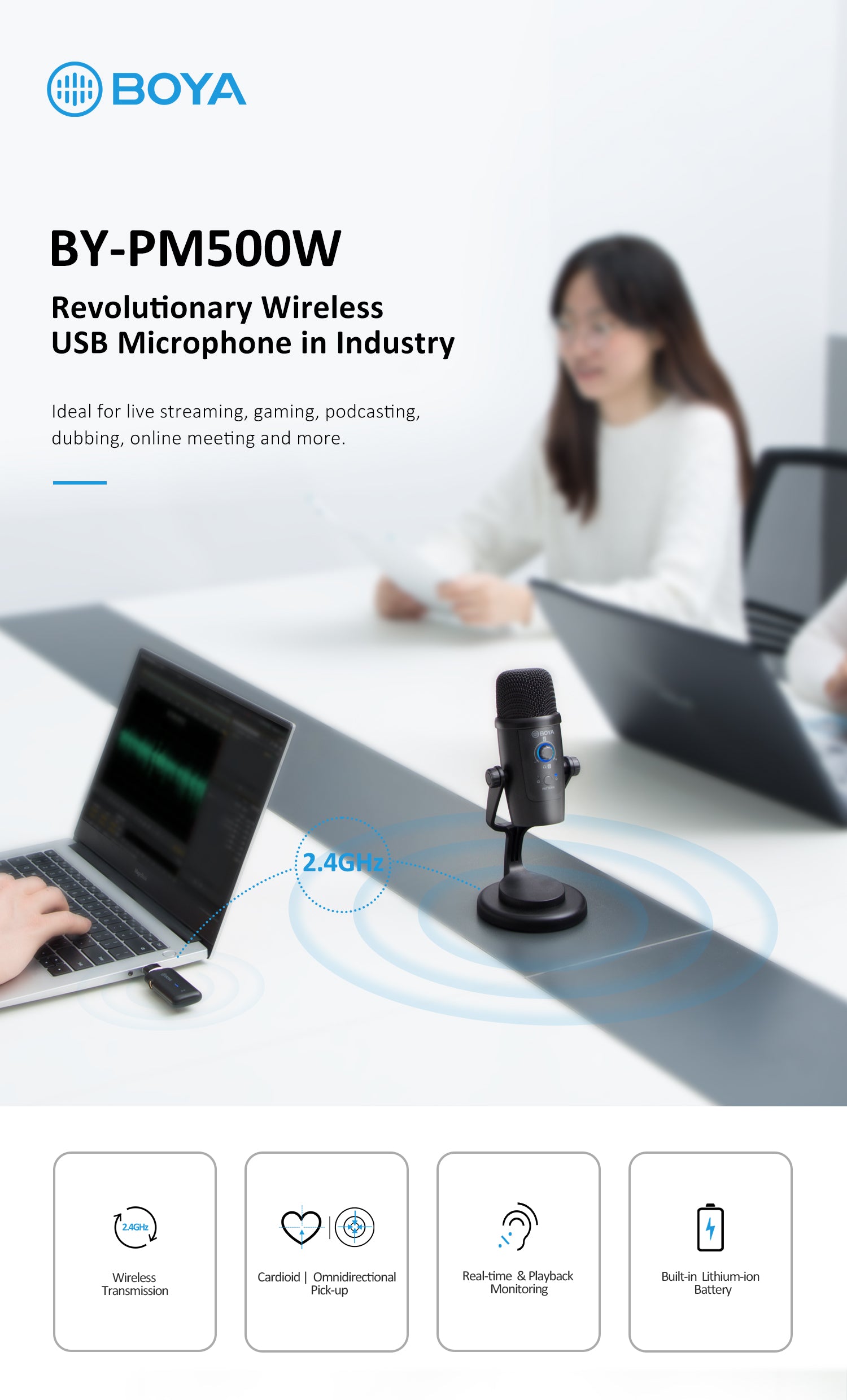BOYA BY-PM500W 2.4GHz Podcast Streaming Wireless USB Microphone