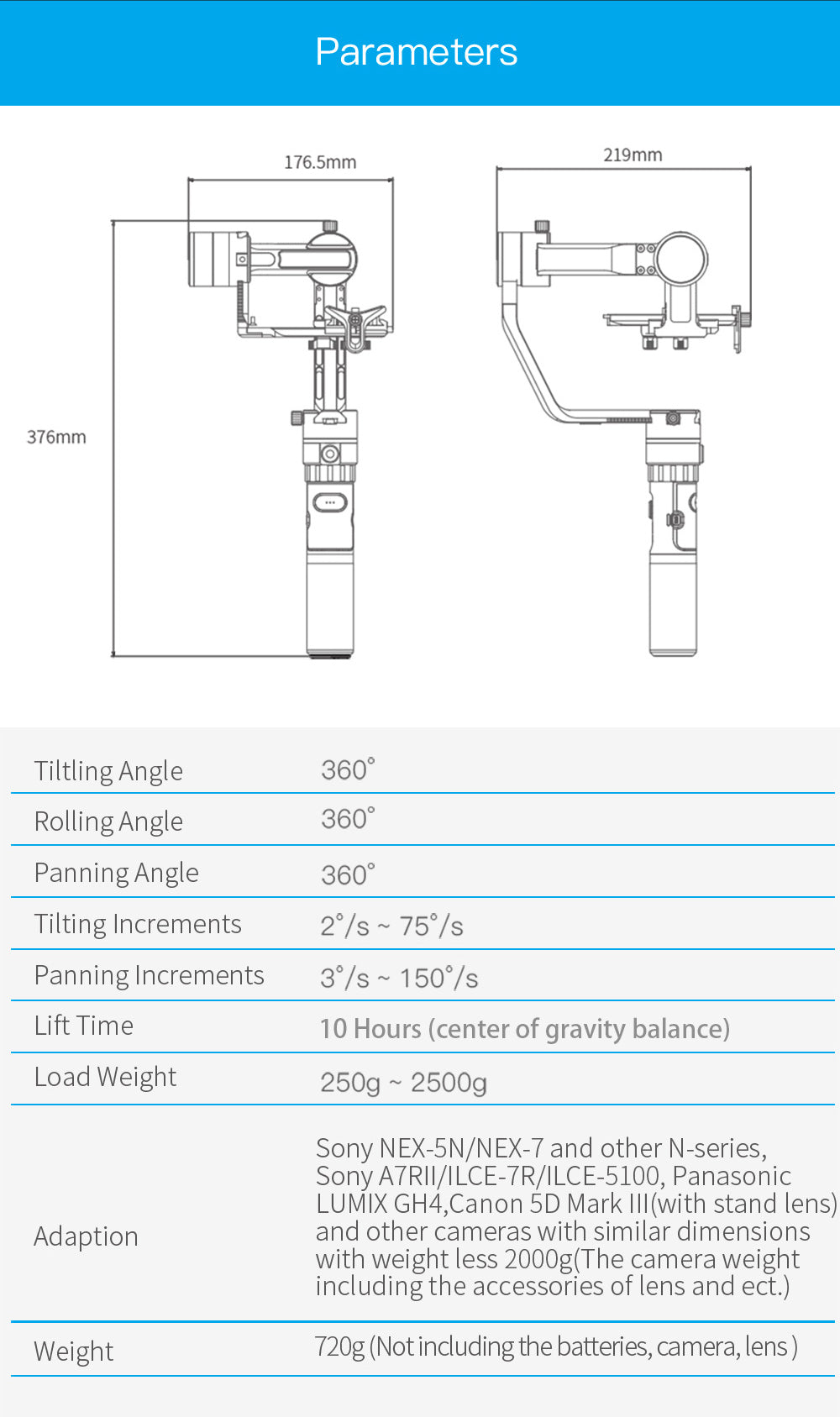 Feiyu A2000 3-Axis DSLR Camera Gimbal Stabilizer