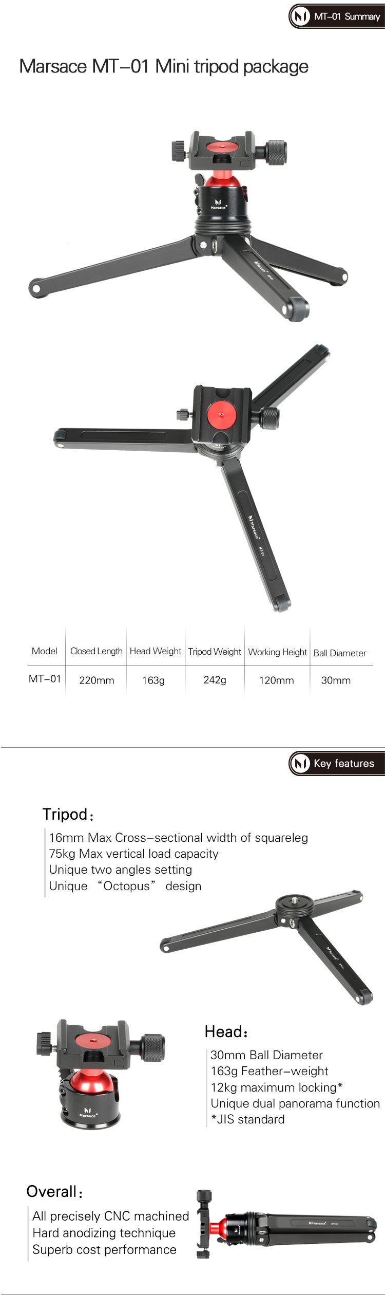 Marsace MT-01 Portable Foldable Ultra Aluminum alloy Tripod