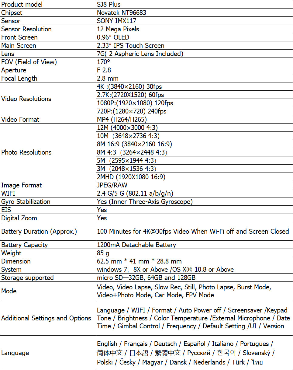 SJCAM SJ8Pluse Specification
