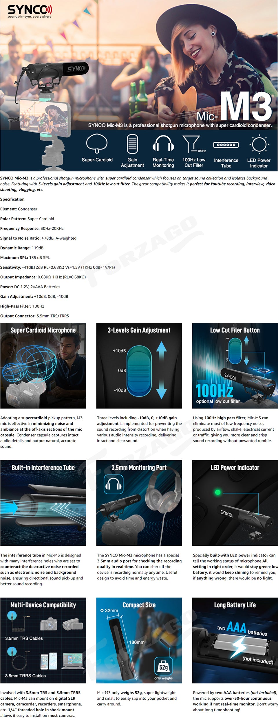 SYNCO Mic-M3 On-Camera Shotgun Mic Video Microphone