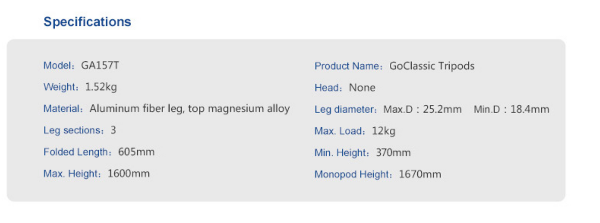 Specification GA157T