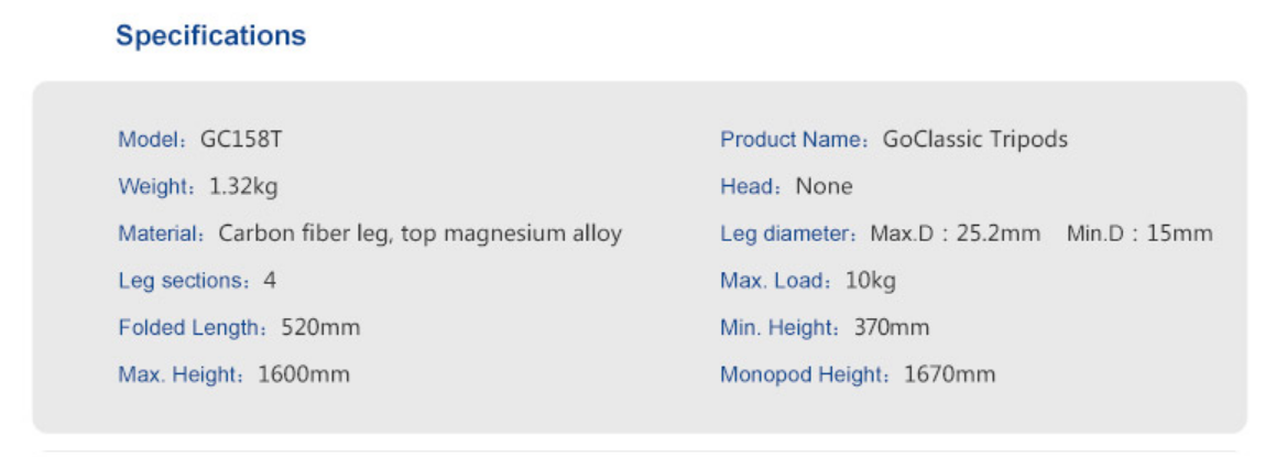 Specification GC158T