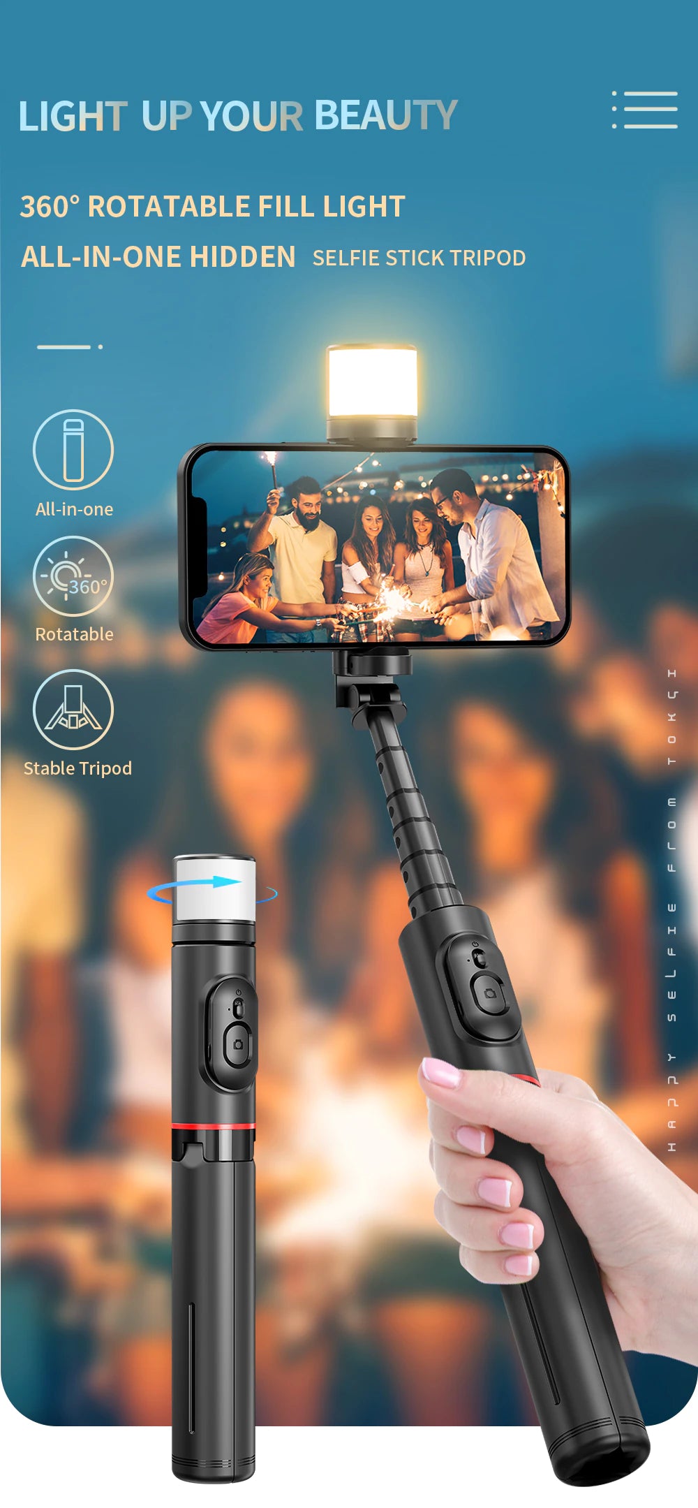Sunsnap Q12 Portable Wireless Bluetooth Phone Telescopic Selfie Stick With Fill Light-6