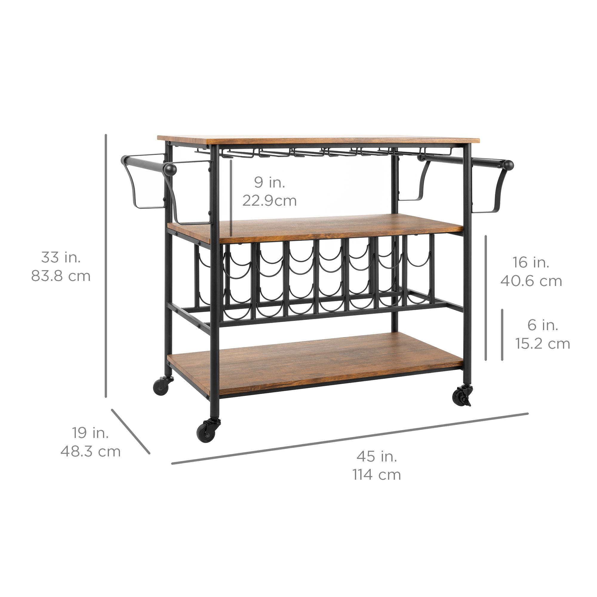 45in Industrial Wood Shelf Bar & Wine Cart w/ Bottle & Glass Racks