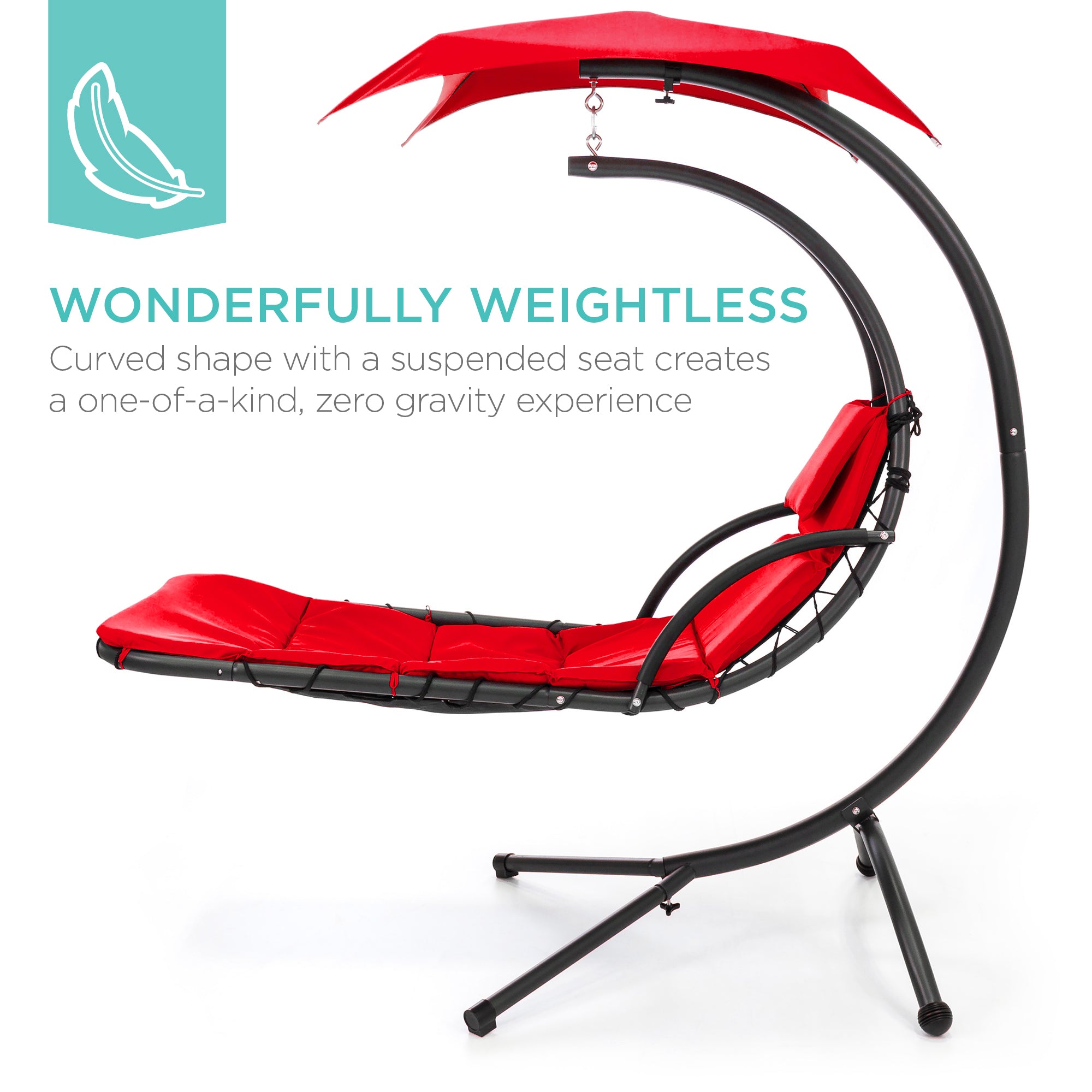 Hanging Curved Chaise Lounge Chair w/ Built-In Pillow, Removable Canopy
