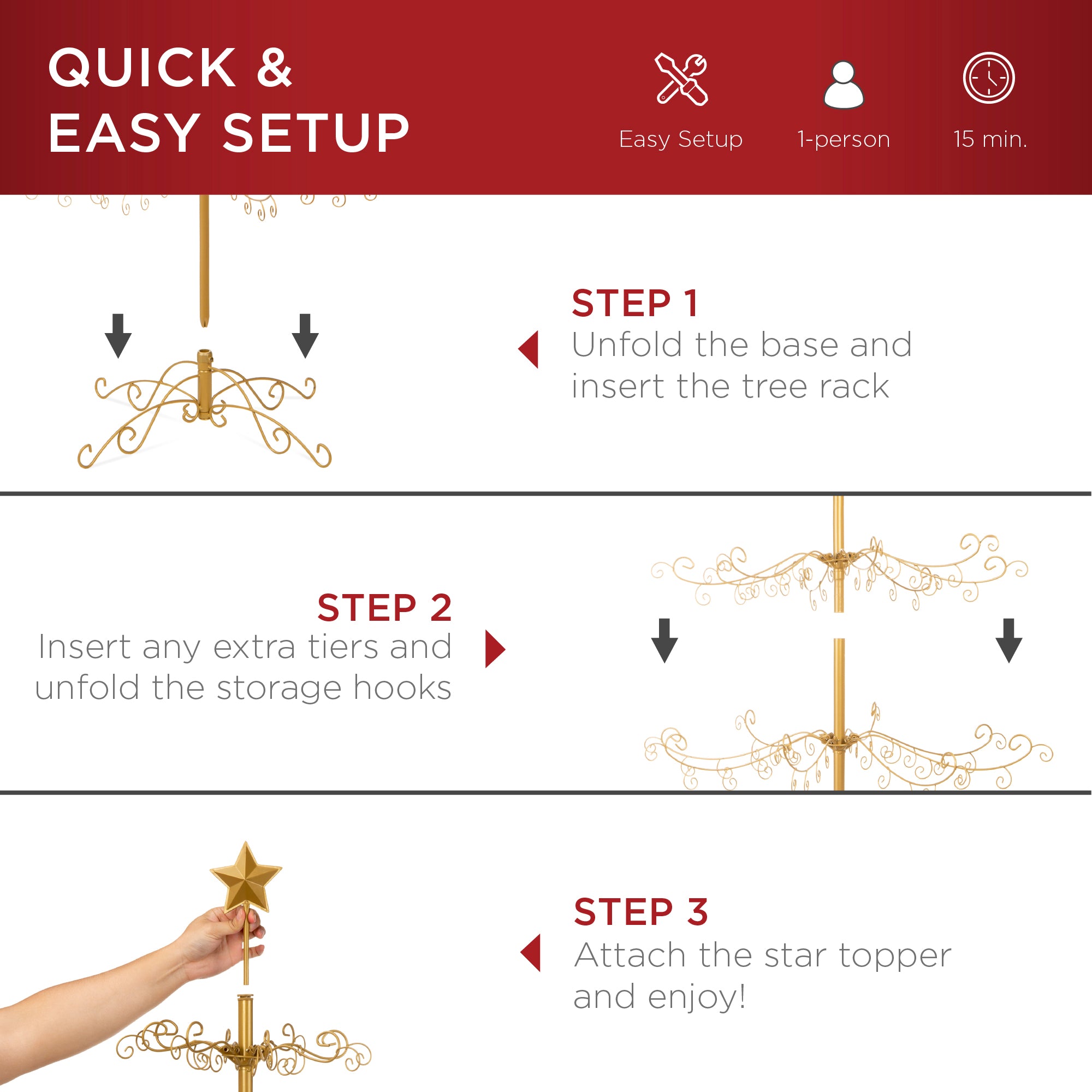 Wrought Iron Christmas Tree Ornament Display w/ Easy Assembly, Stand - 3ft