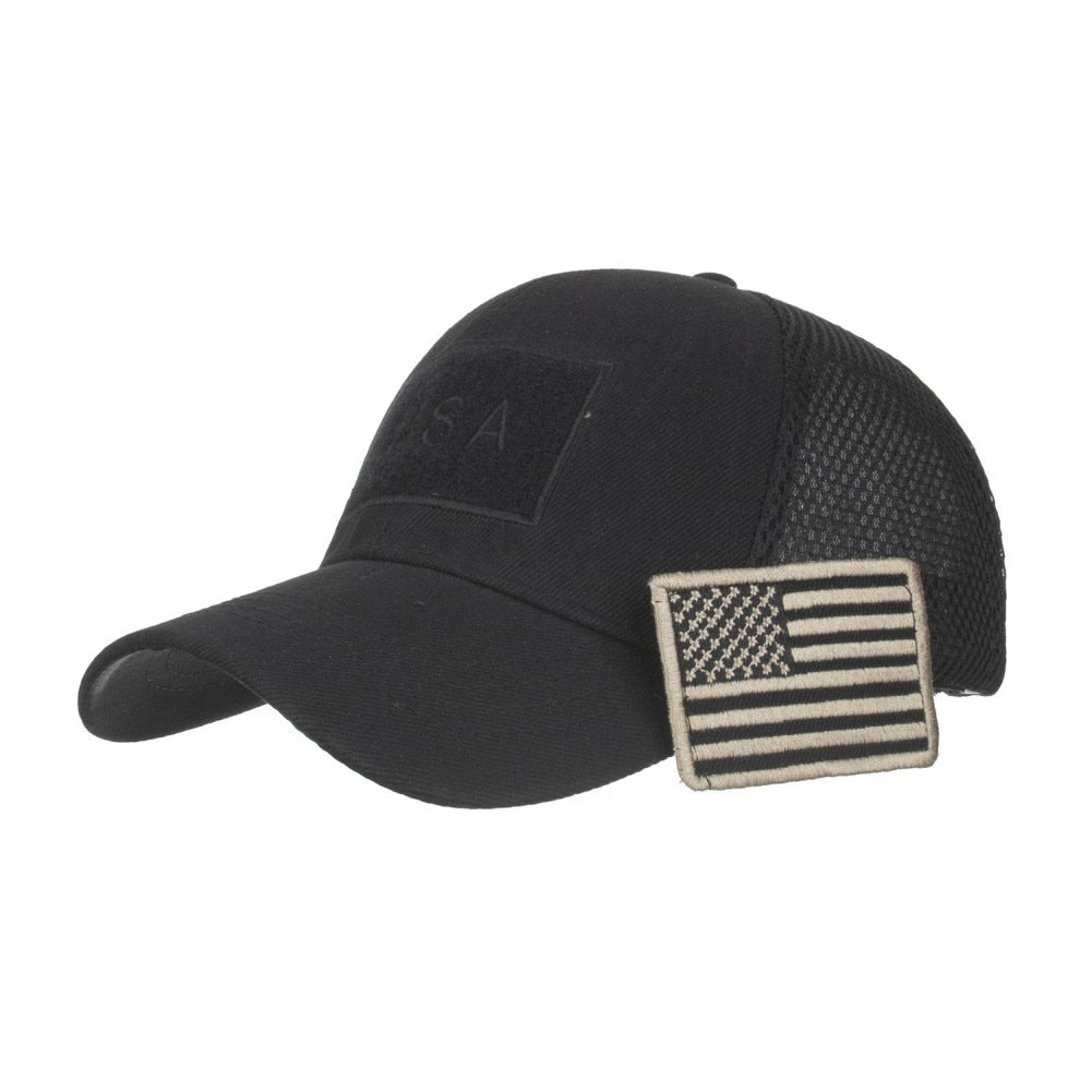 Tactical and Patriotic: Camouflage Baseball Caps with American Flag Patches