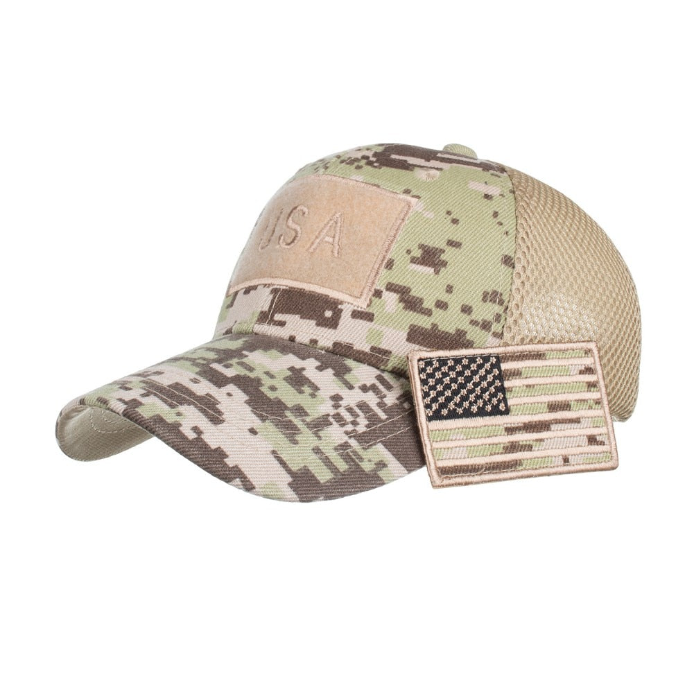 Tactical and Patriotic: Camouflage Baseball Caps with American Flag Patches