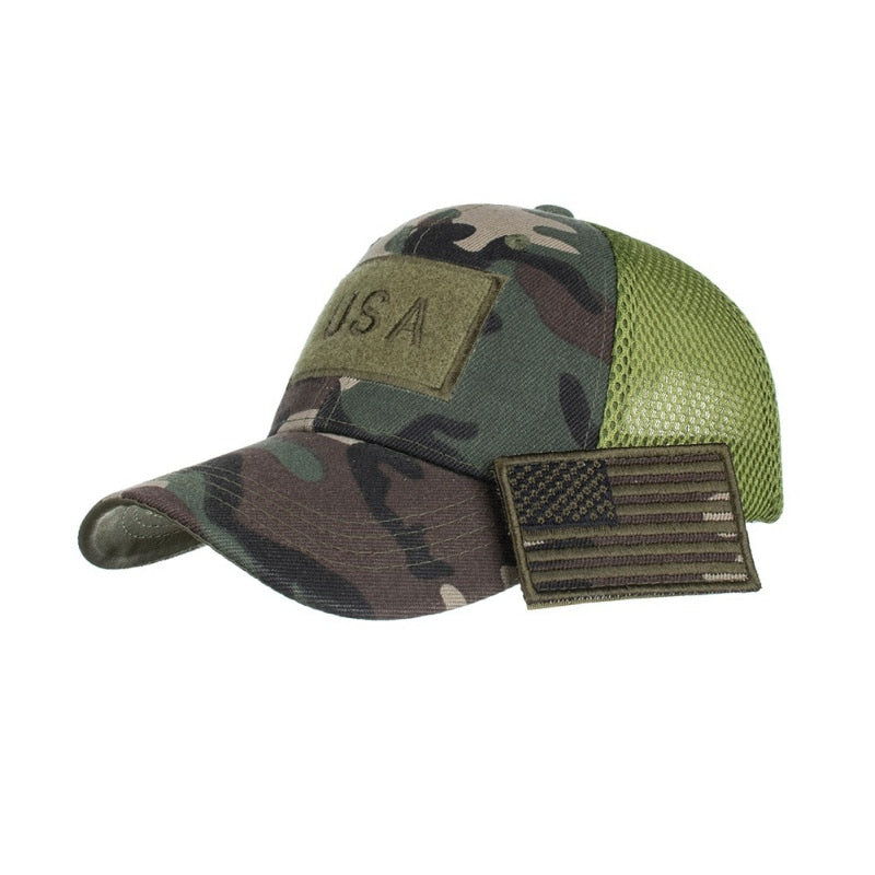 Tactical and Patriotic: Camouflage Baseball Caps with American Flag Patches