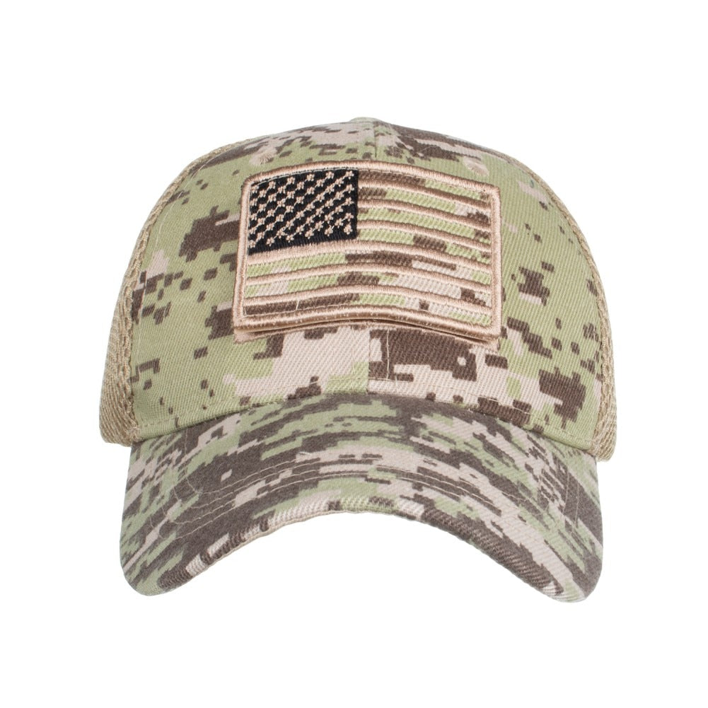 Tactical and Patriotic: Camouflage Baseball Caps with American Flag Patches