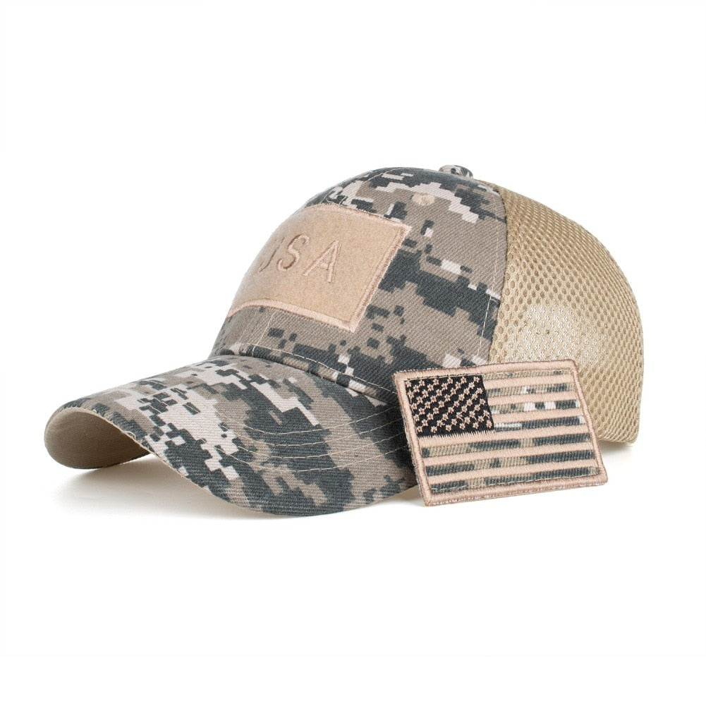 Tactical and Patriotic: Camouflage Baseball Caps with American Flag Patches