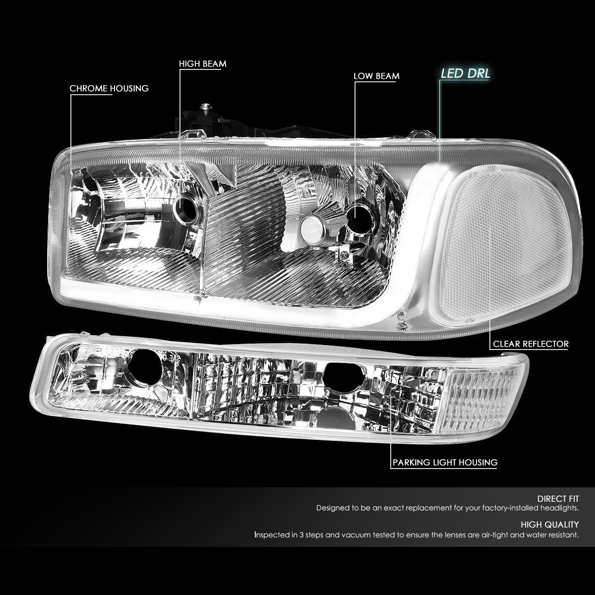 GMC Sierra Yukon Chrome Clear LED DRL Headlamps Headlights Faros Focos Luces 1999 2000 2001 2002 2003 2004 2005 2006