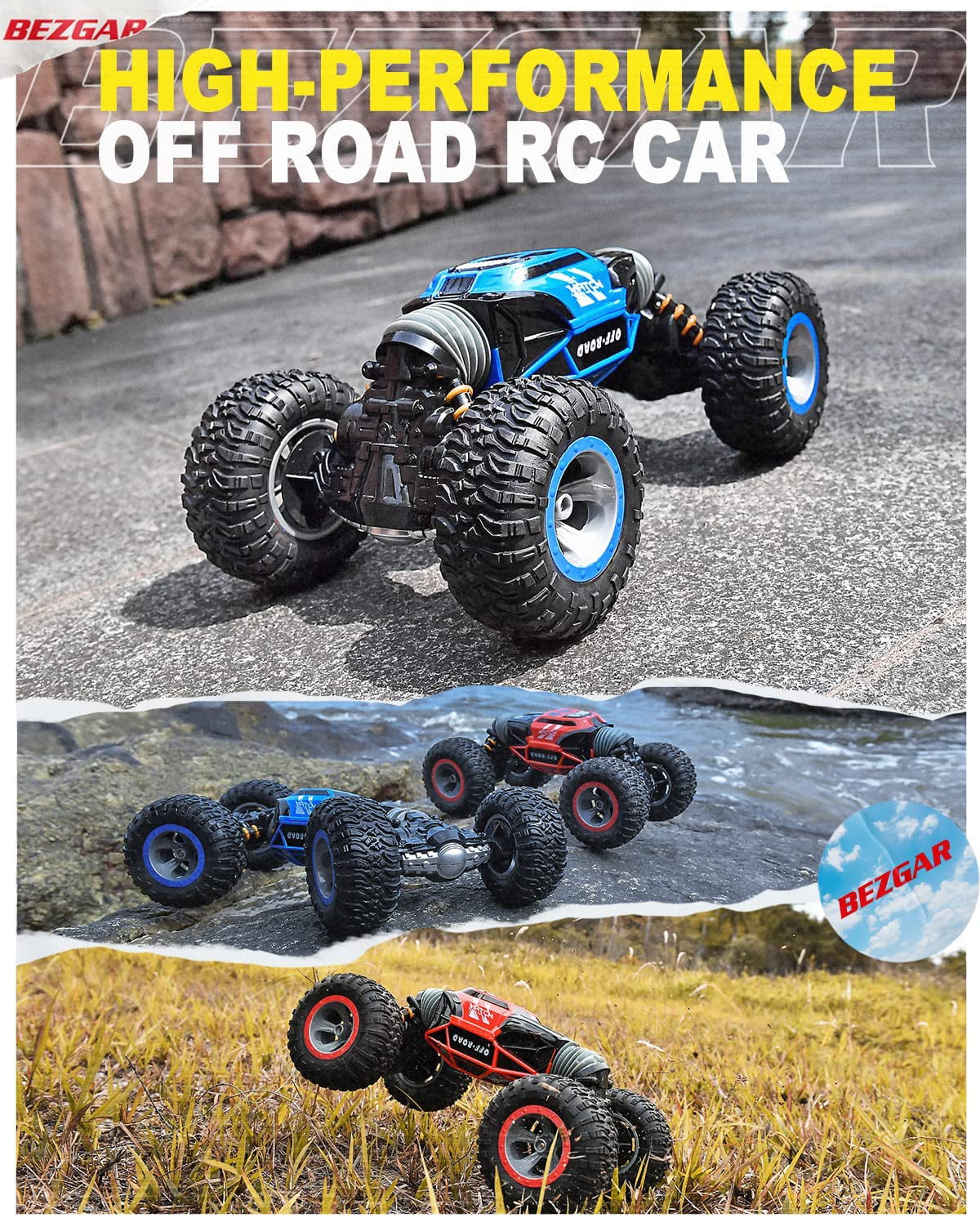 BEZGAR Remote Control Monster Truck Remote Control Cars, RC Truck Toy Car for Adults Boys Kids 6+, All Terrain Speed Transform Crawler RC Stunt Car