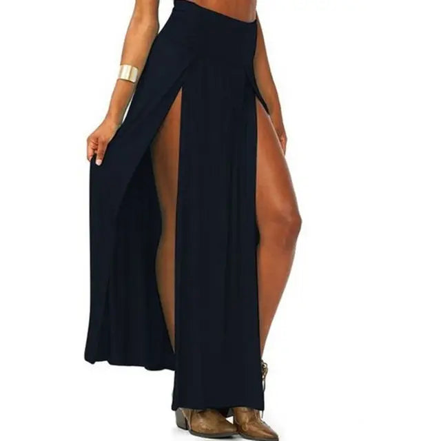 Womens High Waist Sexy Double Slit Front Open Knit Maxi Long Skirt Solid Color Pleated Irregular Hem Beach Dress Bikini Cover Up