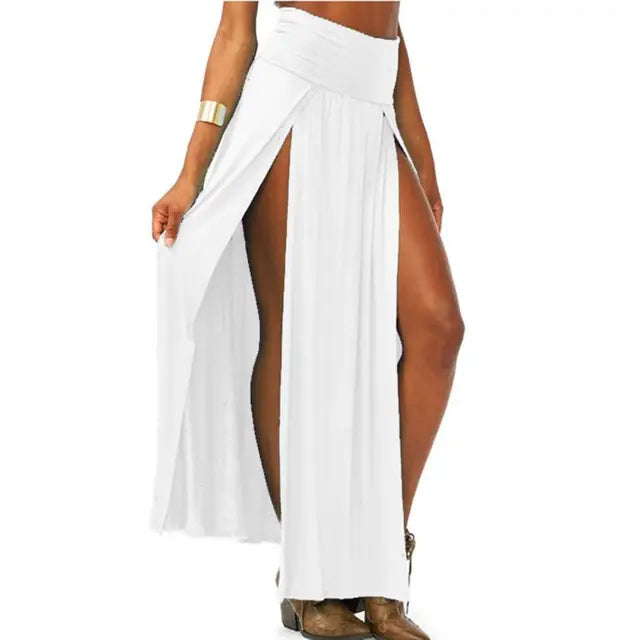 Womens High Waist Sexy Double Slit Front Open Knit Maxi Long Skirt Solid Color Pleated Irregular Hem Beach Dress Bikini Cover Up