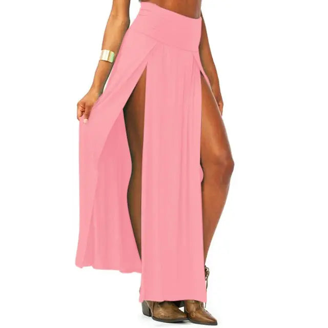 Womens High Waist Sexy Double Slit Front Open Knit Maxi Long Skirt Solid Color Pleated Irregular Hem Beach Dress Bikini Cover Up