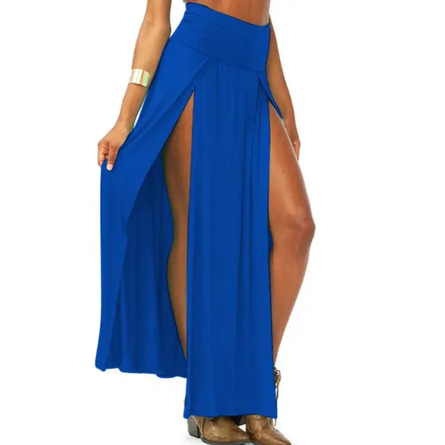 Womens High Waist Sexy Double Slit Front Open Knit Maxi Long Skirt Solid Color Pleated Irregular Hem Beach Dress Bikini Cover Up