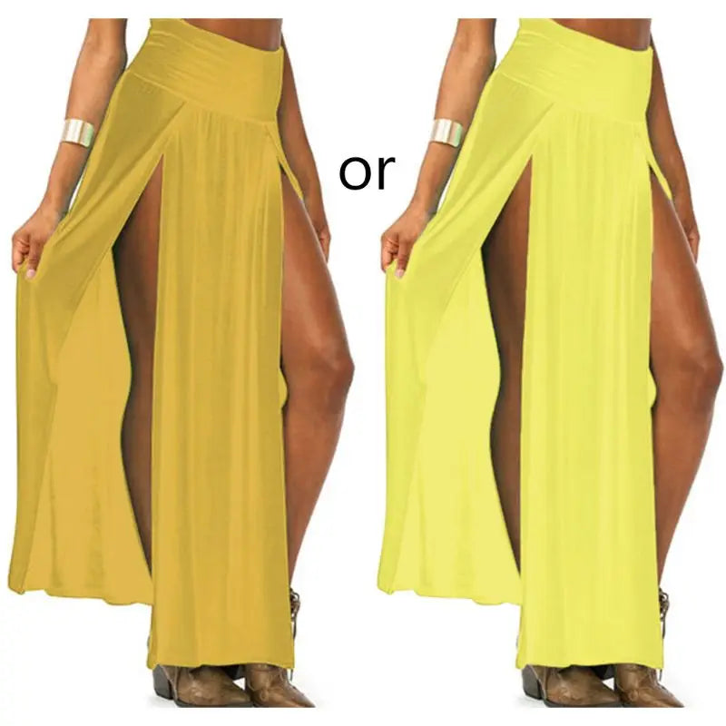 Womens High Waist Sexy Double Slit Front Open Knit Maxi Long Skirt Solid Color Pleated Irregular Hem Beach Dress Bikini Cover Up