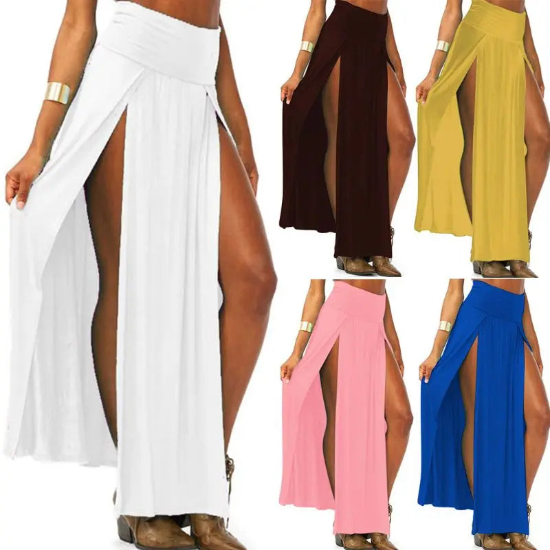Womens High Waist Sexy Double Slit Front Open Knit Maxi Long Skirt Solid Color Pleated Irregular Hem Beach Dress Bikini Cover Up