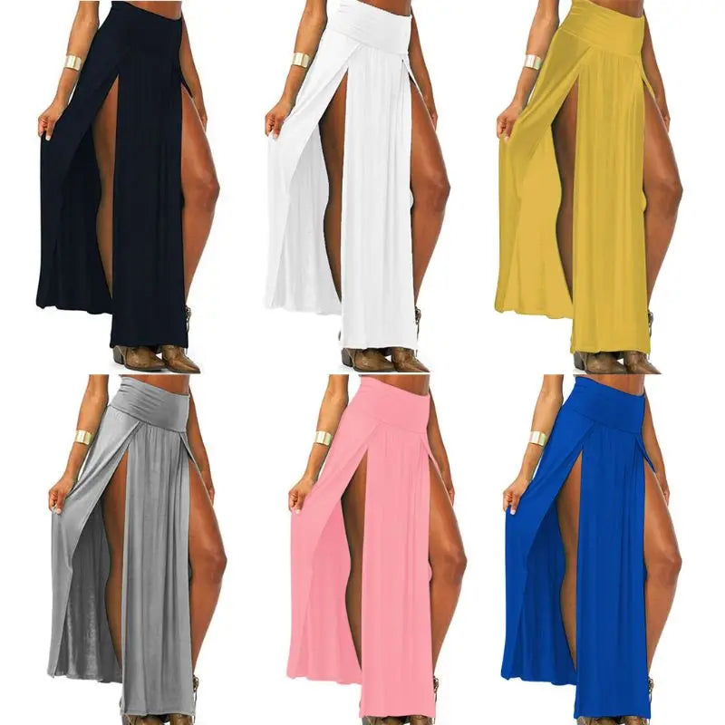 Womens High Waist Sexy Double Slit Front Open Knit Maxi Long Skirt Solid Color Pleated Irregular Hem Beach Dress Bikini Cover Up