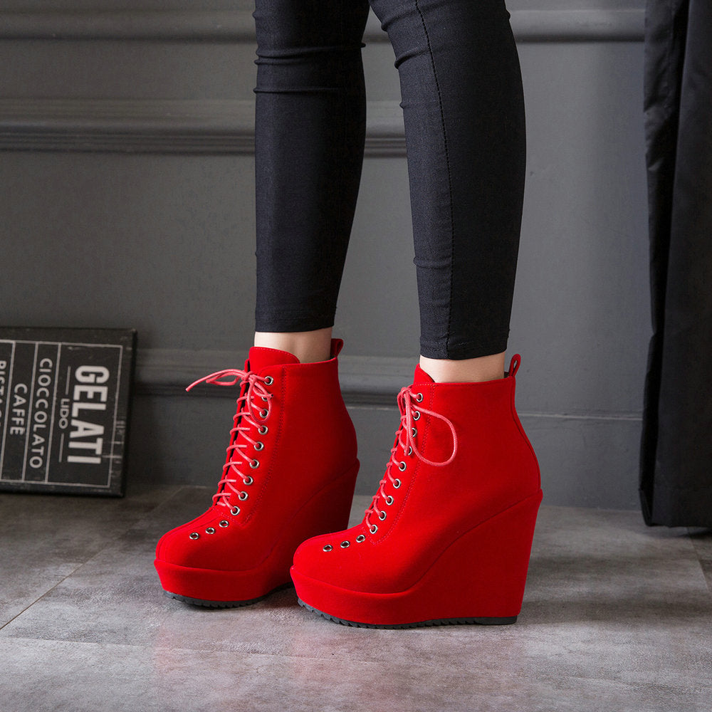 High-heeled Sponge Cake Was Thin Suede Lace-up Martin Boots Women