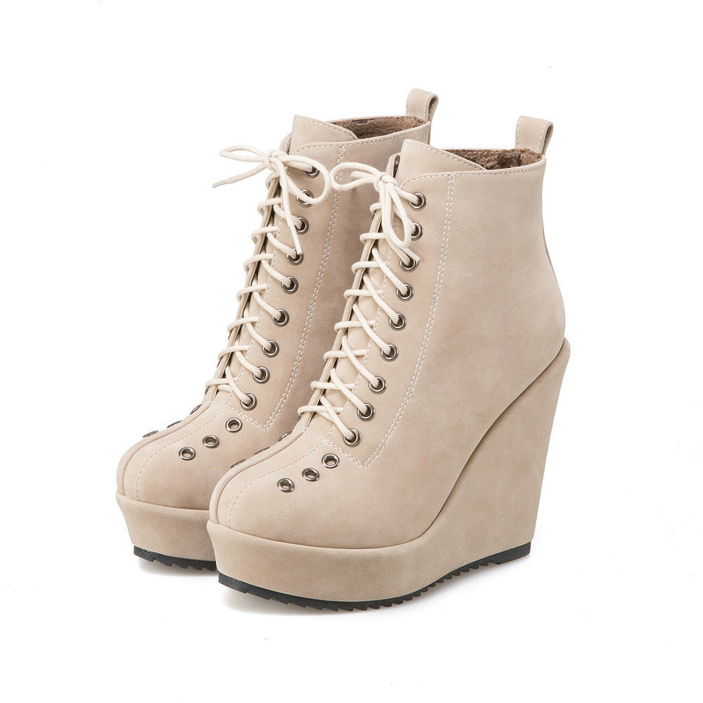 High-heeled Sponge Cake Was Thin Suede Lace-up Martin Boots Women