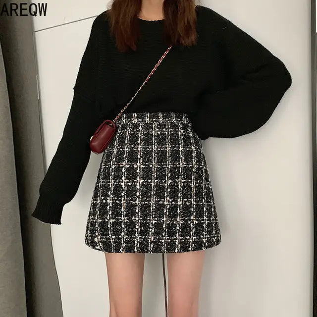 2022 New New Women Tweed Skirt Spring Autumn High Waist Slim A-line Double-breasted Mini Skirt White Black