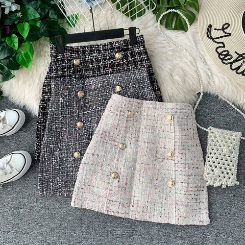 2022 New New Women Tweed Skirt Spring Autumn High Waist Slim A-line Double-breasted Mini Skirt White Black