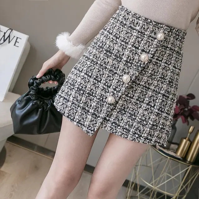 2022 New New Women Tweed Skirt Spring Autumn High Waist Slim A-line Double-breasted Mini Skirt White Black