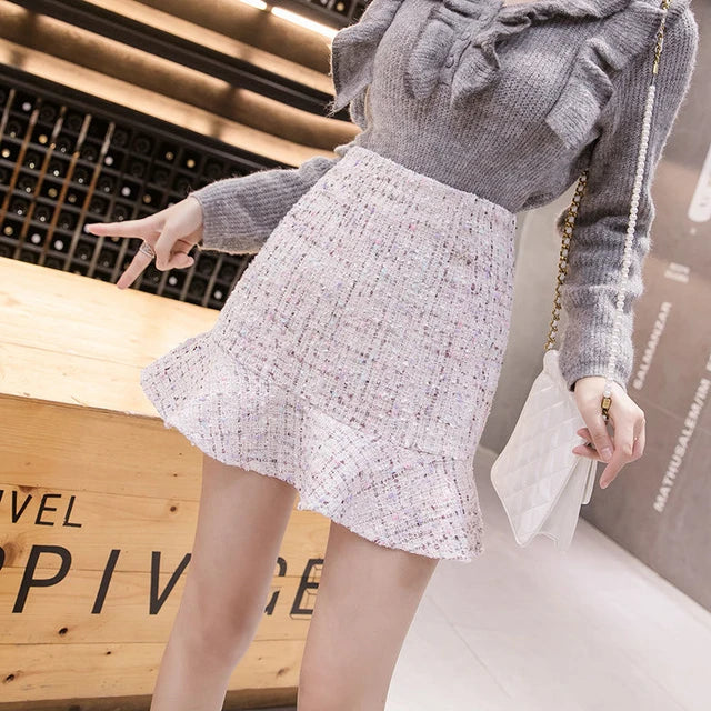 2022 New New Women Tweed Skirt Spring Autumn High Waist Slim A-line Double-breasted Mini Skirt White Black