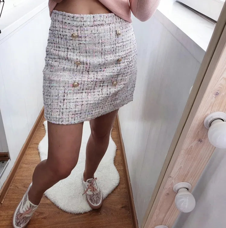 2022 New New Women Tweed Skirt Spring Autumn High Waist Slim A-line Double-breasted Mini Skirt White Black